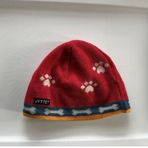 Jytte Merino Wool Beanie Hat Red Paw Prints Bones Fleece Lined USA Made Hat